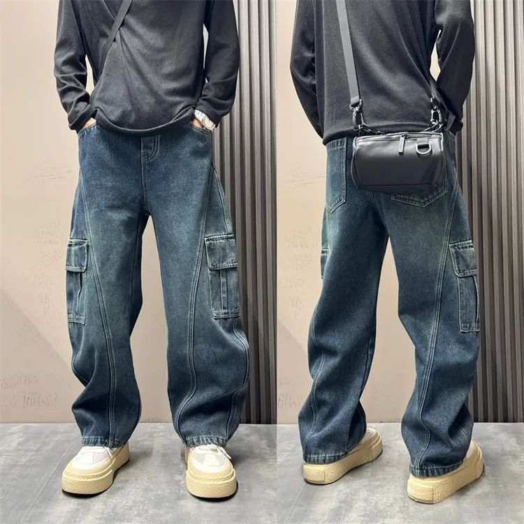 2025美式潮流秋冬长裤男痞帅设计感工装阔腿加绒加厚弯刀牛仔裤潮