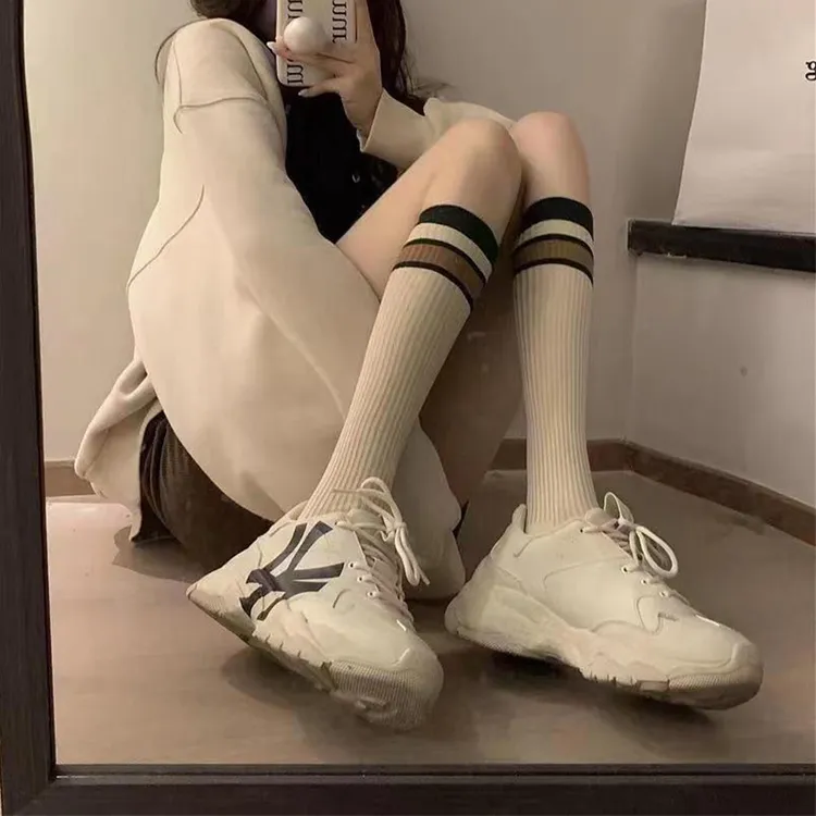 秋冬棉袜日系米色小腿袜女JK灰色条纹撞色中筒针织堆堆袜子时尚保