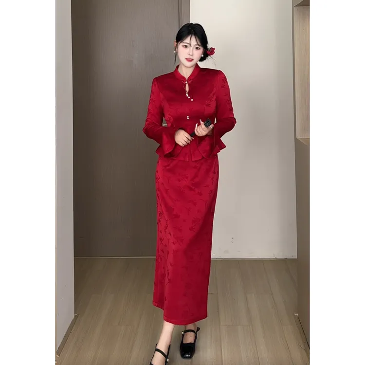 【红颜】秋大码女装微胖mm显瘦新中式新娘敬酒服旗袍套装DM32250