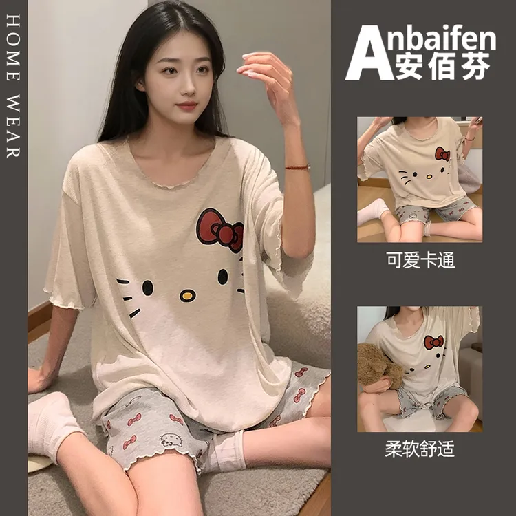 凯蒂猫睡衣女夏季2025新款可爱学生短袖短裤卡通凉感型家居服套装