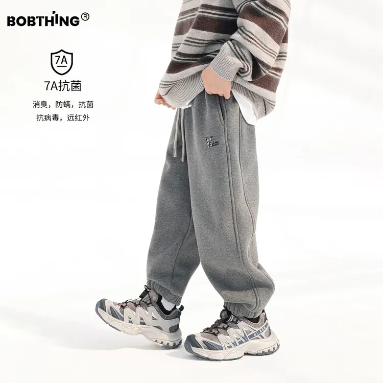 男童冬装格子腰设计灰色卫裤一体绒运动裤男童加厚针织裤童装裤子