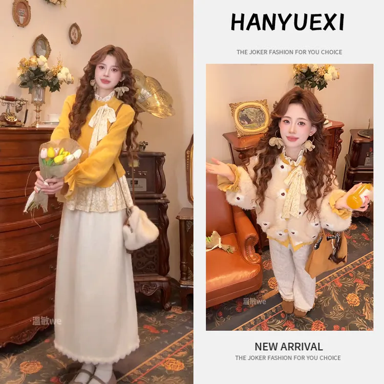 今年流行漂亮套装2026新款百搭韩系减龄外套花边上衣半身裙三件套