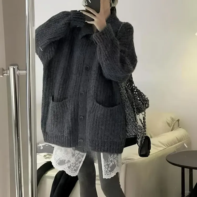 韩版穿搭慵懒风秋冬女羊驼毛针织开衫灰色复古高领中长款百搭外套