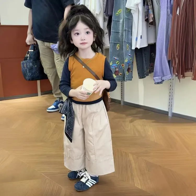女童秋装搭配一整套2025新款儿童宝宝洋气韩版镂空背心长袖阔腿裤