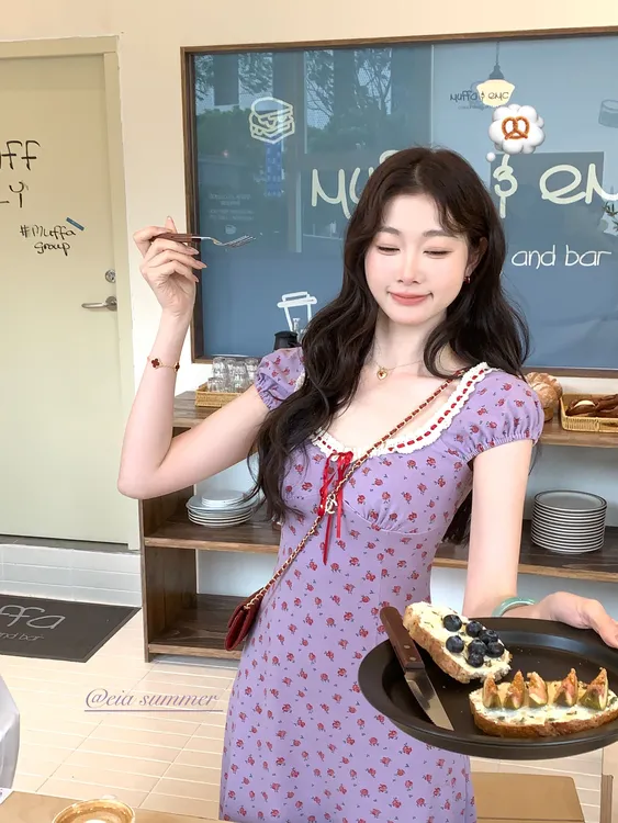 EIA一尧【香芋可露丽】韩版纯欲少女碎花连衣裙气质设计显瘦针织裙