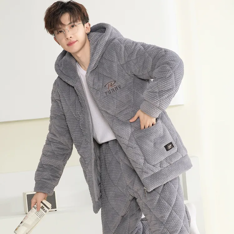 睡衣男冬季加厚保暖三层夹棉睡衣家居服套装家居服秋冬季冬天