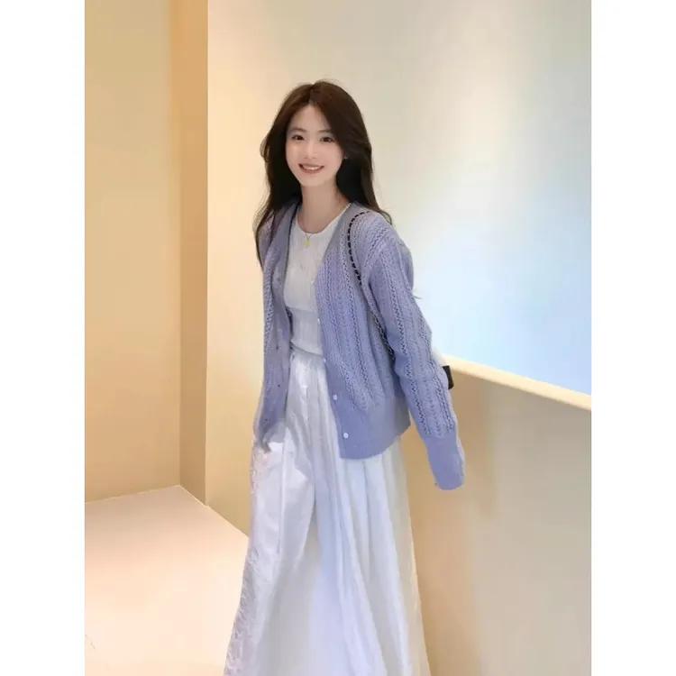 两件套装裙春夏2025新款高级白连衣裙女镂空气质长裙紫色防晒外套