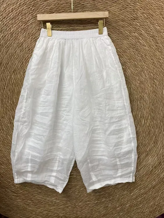 夏季新款100织纯苎麻宽松大码品质纯色老爹南瓜裤
