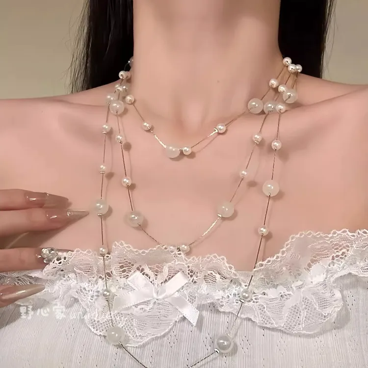 铜合金项链 超仙绝美长款珍珠项链女精致满天星多层叠戴锁骨颈链