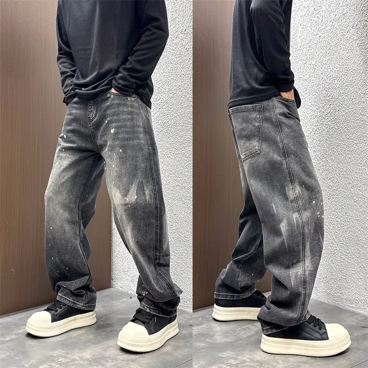 泼墨牛仔裤秋冬美式做旧男阔腿裤港风宽松休闲水洗百搭垂感弯刀裤