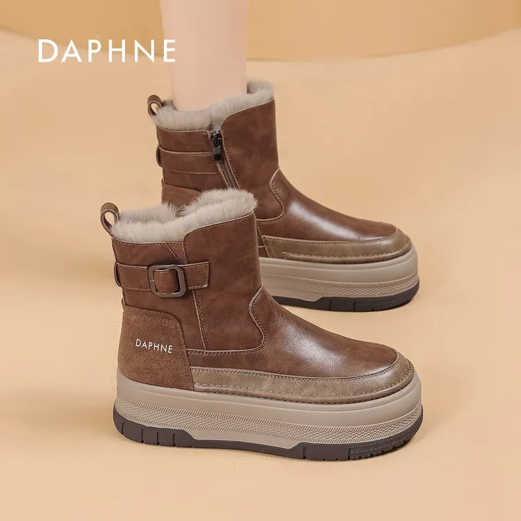 Daphne/达芙妮女鞋2025冬季高帮鞋厚底增高加绒保暖复古时尚百搭M