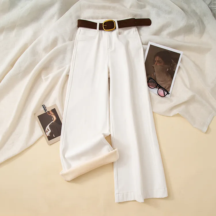 单裤/加绒高腰阔腿牛仔裤女秋冬新款弹力宽松显瘦百搭加厚裤9868