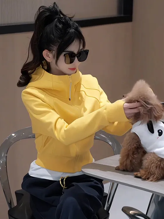 欧货超好看独特漂亮黄色连帽卫衣女2025春季新款爆款时尚洋气外套