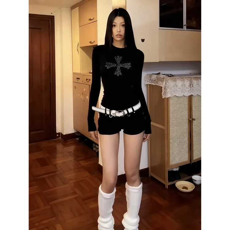 BAIGE正肩纯棉BAIGE 圆领长袖辣妹风街头风都市风通勤T恤长袖上衣