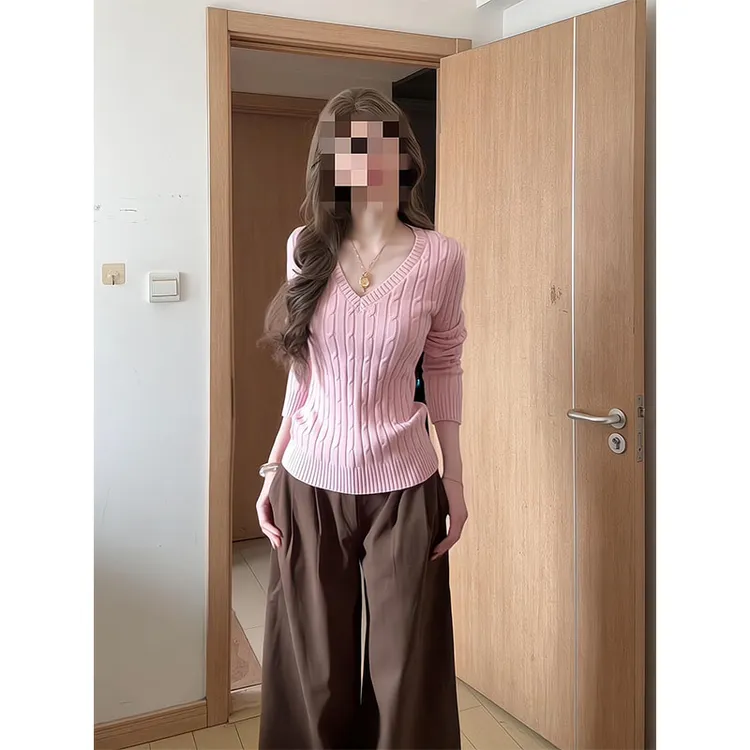 韩系v领麻花针织衫秋季纯欲修身显瘦气质毛衣上衣直筒宽松阔腿裤