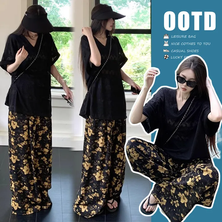 孕妇套装夏季新款时尚韩版宽松薄款短袖V领上衣休闲碎花阔腿长裤1
