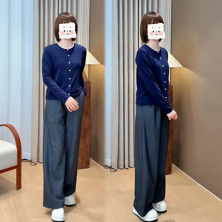 2025秋季新款设计感简约风气质圆领单排扣开衫女休闲阔腿裤两件套