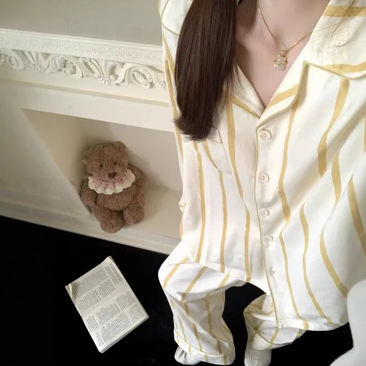 秋季日系黄色条纹长袖睡衣女春秋季2025新款超火纯棉家居服可外穿