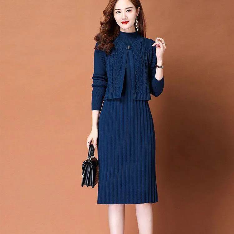气质洋气显瘦针织时尚秋冬韩版加厚长袖中长款修身高领女装套装