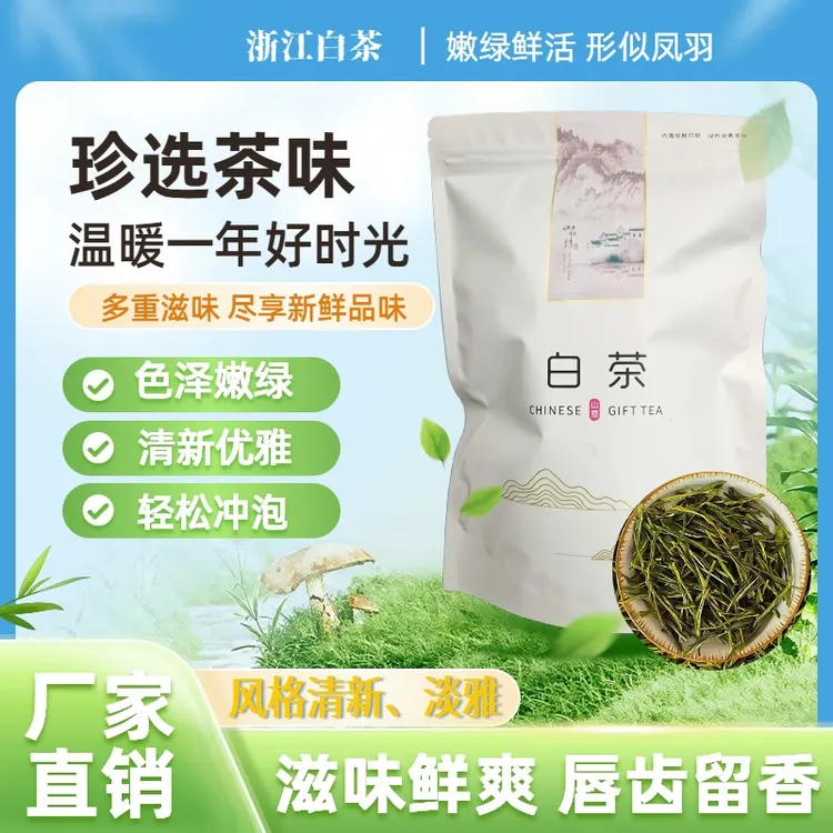 浙江春茶嫩芽白茶鲜爽回甘高山白茶汤色嫩绿清澈浓香型产地茶叶