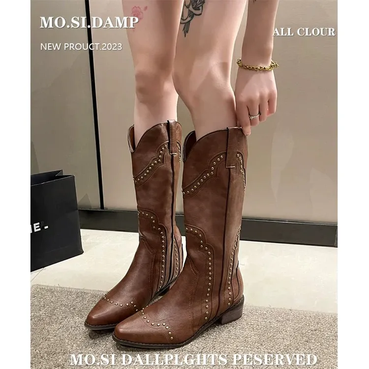 棕色美拉德靴子2025新款夏秋季复古西部牛仔靴美式高筒骑士靴长靴