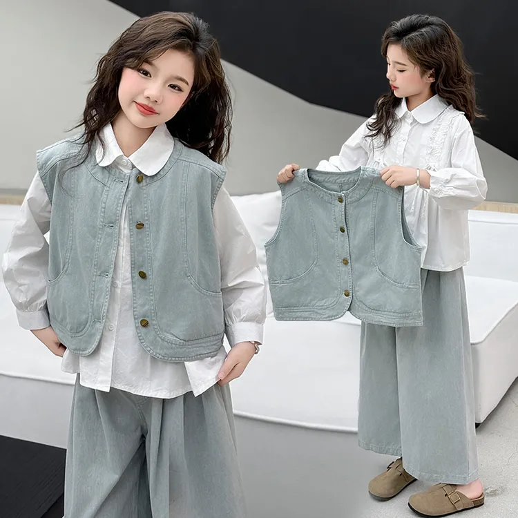 女童春装套装2025新款女孩洋气牛仔马甲阔腿裤两件套儿童白色衬衫