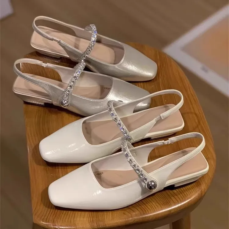 软面水钻方头粗跟一字带凉鞋仙女风温柔百搭时尚女鞋中跟后空单鞋