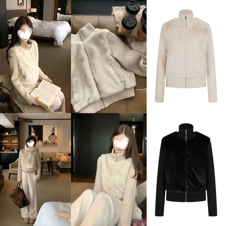 Moses Queen/魔西女王法式复古针织拼接毛毛外套冬款洋气保暖上衣