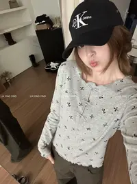 【猜不透你】韩国蝴蝶结木耳边卷边磨毛长袖上衣女套头设计t恤罩衫