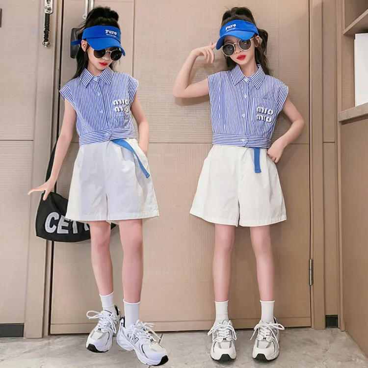 女童学院风套装夏季洋气中大童女孩条纹polo衬衫短裤炸街两件套潮