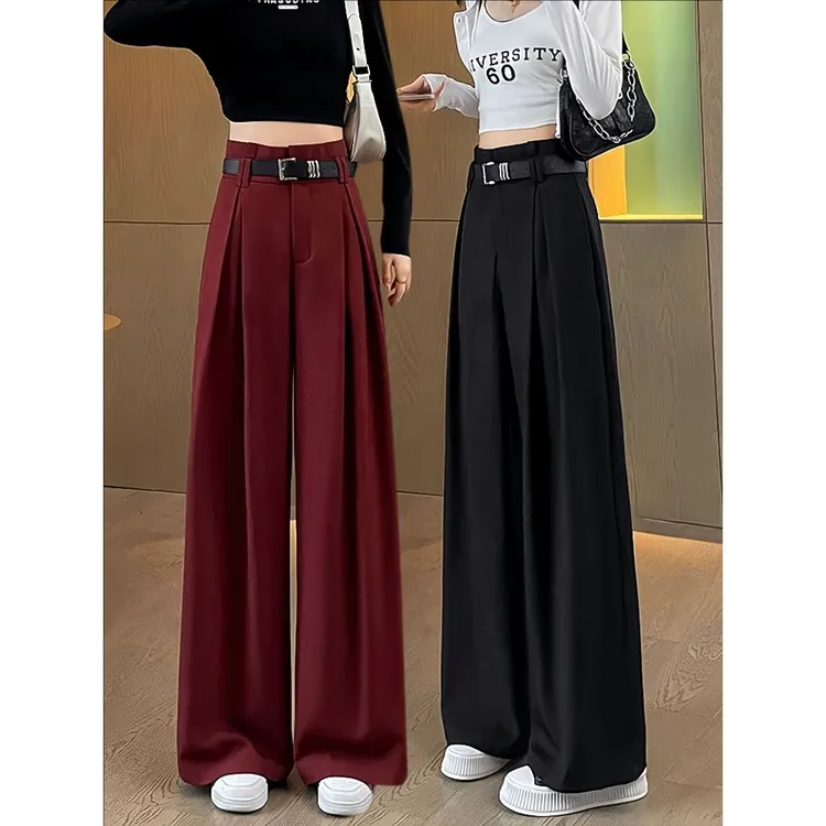 (送腰带)安可拉红西装阔腿裤女秋季2025新款高腰显瘦休闲大腿裤子