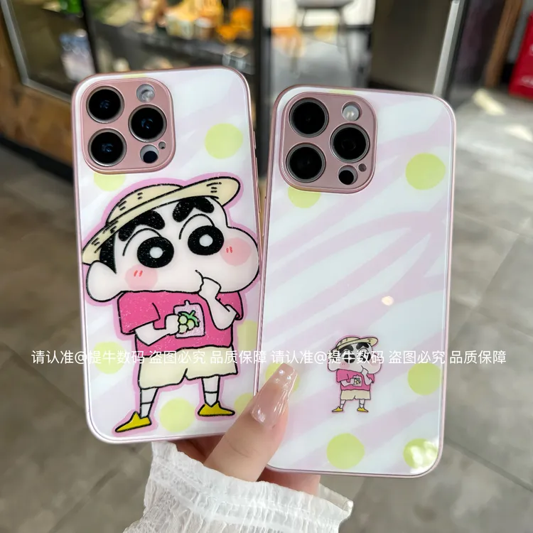 苹果/小米/华为/荣耀/OPPO/VIVO 搞笑小新金属漆钢化玻璃手机壳