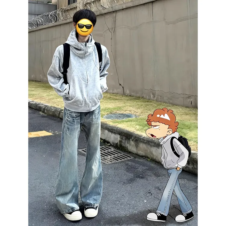 阿衰穿搭闪电纹牛仔裤男款秋季美式高微喇裤子复古潮流穿搭直筒裤