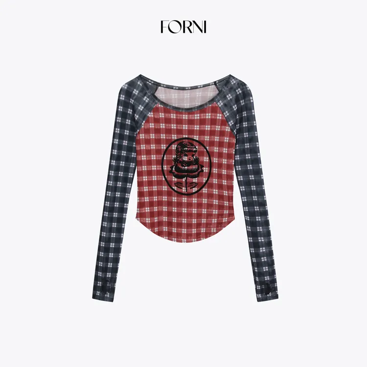 FORNI 鬼马趣味 原宿风鬼马少女撞色格子插肩袖长袖上衣