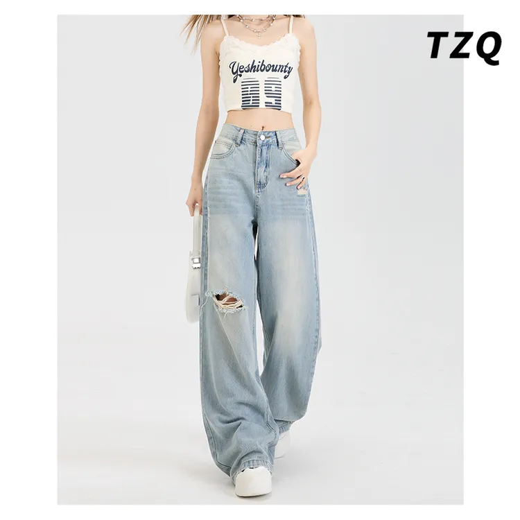 时尚丝巾腰带破洞阔腿裤女新款高腰宽松显瘦拖地牛仔裤TZQ2530608
