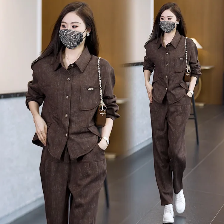 休闲时尚套装女秋洋气宽松遮肚显瘦设计感上衣裤子两件套BG#6958