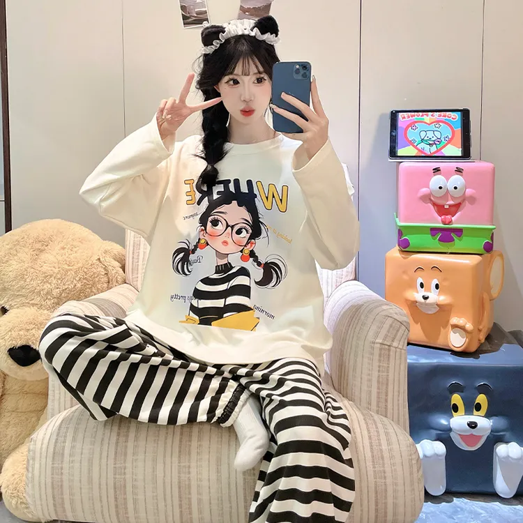 网红爆款睡衣女春秋卡通长袖长裤套装少女甜美韩版外穿休闲家居服