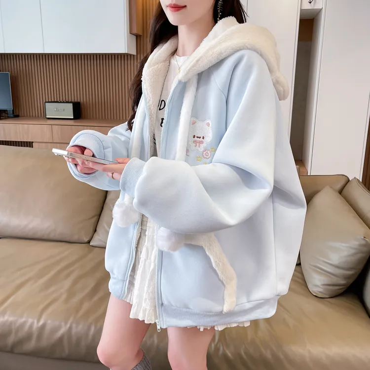 加绒加厚可爱甜美连帽外套棉衣女2025秋冬初高中学生卫衣保暖棉服