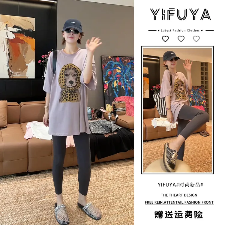 短袖T恤狗狗印花显瘦慵懒风百搭休闲圆领老钱风灰色鲨鱼裤两件套