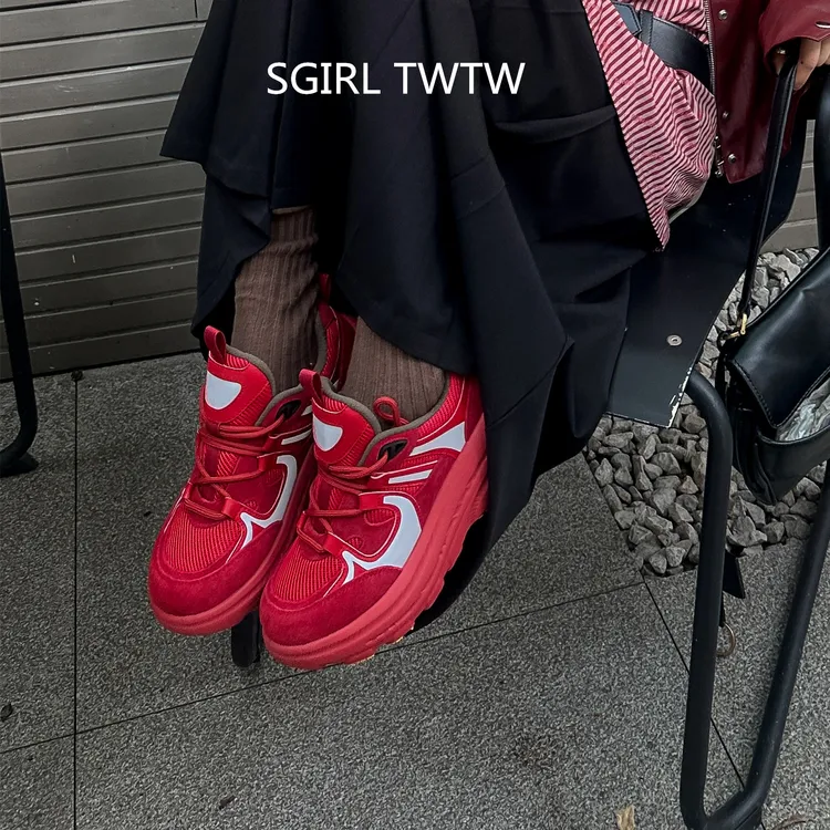 SGIRL TWTW真皮厚底松糕底时尚休闲鞋大红色运动鞋老爹鞋女鞋潮酷