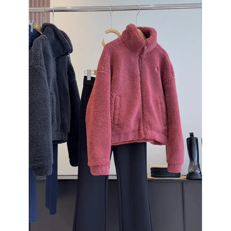 新款秋冬宽松短款刺绣立领纯色百搭毛毛衣外套