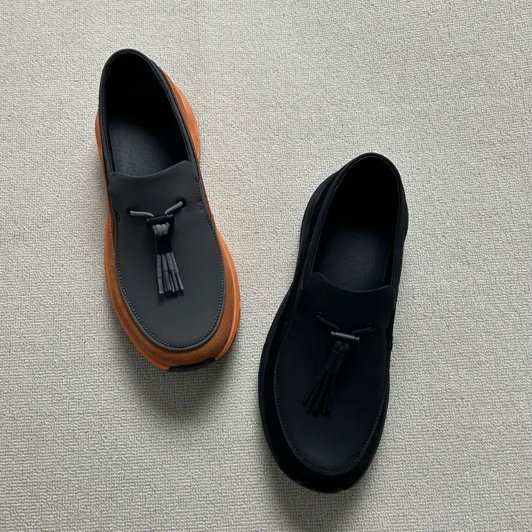 厚底乐福鞋潮款休闲鞋一脚蹬套脚户外皮鞋男运动增高徒步慢跑鞋