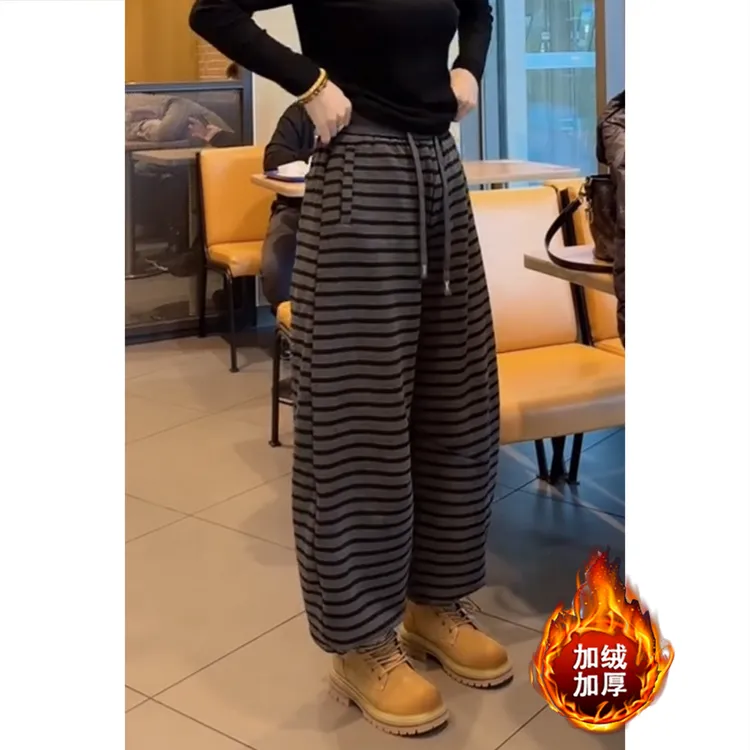 艾塔莉加绒加厚条纹裤显瘦阔腿裤冬季新款女休闲裤子弯刀裤百搭款