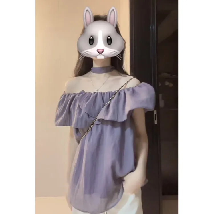 绝美高级感飘带一字肩荷叶边衬衫女夏季新款宽松显瘦雪纺露肩上衣