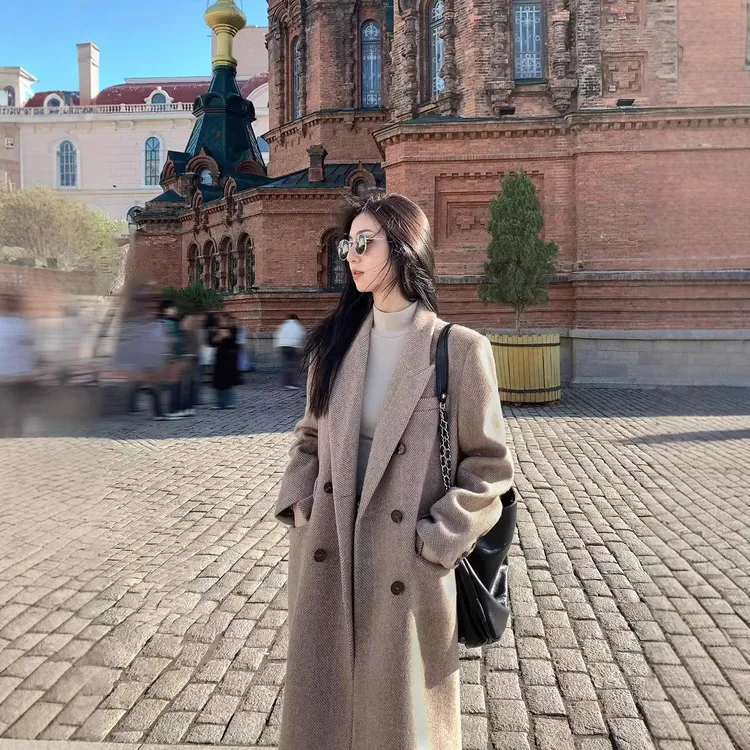 加厚人字纹夹棉韩版毛呢外套女冬季高级感气质呢子大衣秋冬中长款