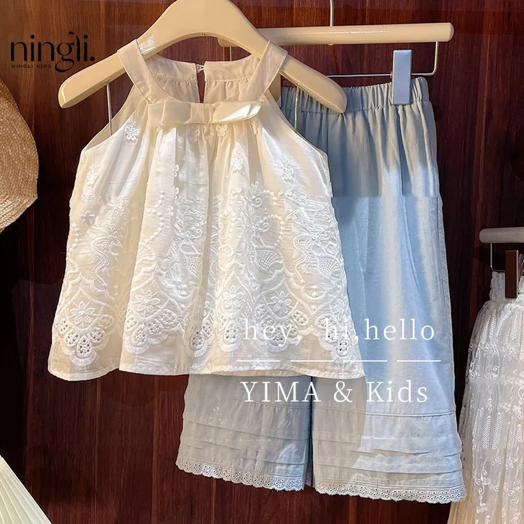 柠里童装女童时髦洋气套装夏款女孩挂脖吊带背心儿童阔腿裤两件套