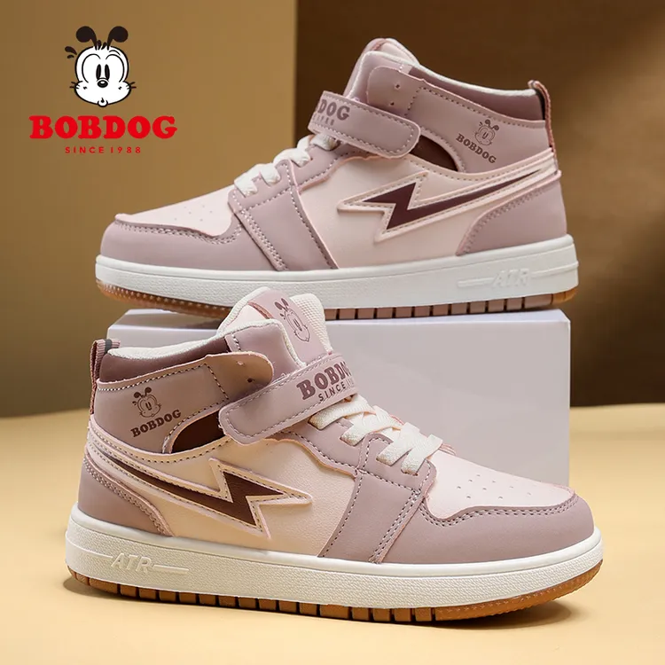 Bobdog/巴布豆女童高帮板鞋儿童春秋新款皮面运动鞋女孩休闲潮鞋