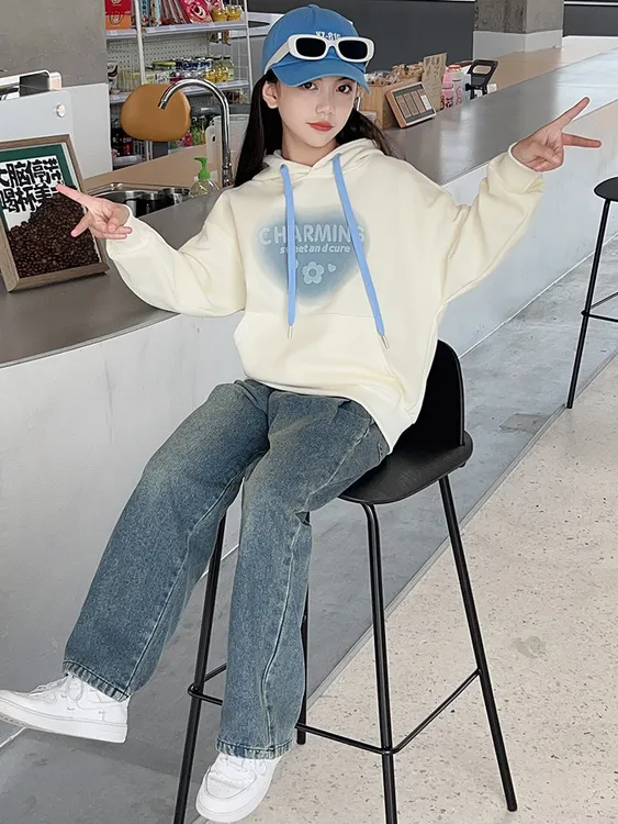 女童卫衣2025新款洋气女大童秋装套装儿童连帽上衣秋季小女孩衣