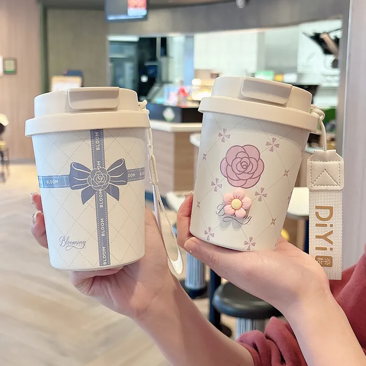 保温杯女可爱小巧学生吸管杯高颜值陶瓷覆层内胆咖啡杯杯双饮杯子