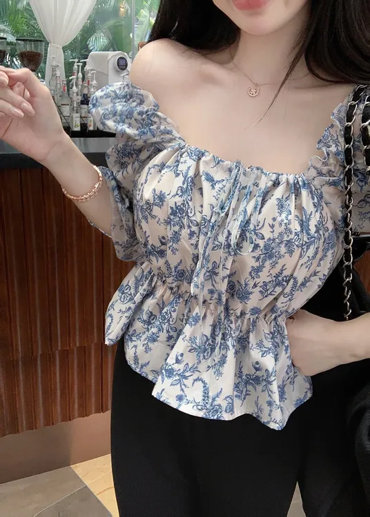 青花法式碎花高级感短款泡泡袖U领泡泡袖碎花衬衫上衣